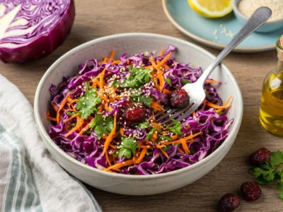 Un bol de salade chou rouge aux carottes râpées et coriandre avec fourchette sur table en bois