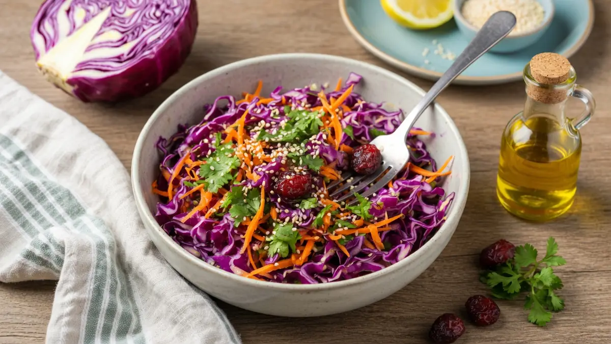 Un bol de salade chou rouge aux carottes râpées et coriandre avec fourchette sur table en bois