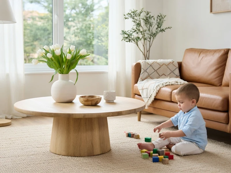 Un enfant joue avec des cubes devant une table basse ronde dans un salon lumineux