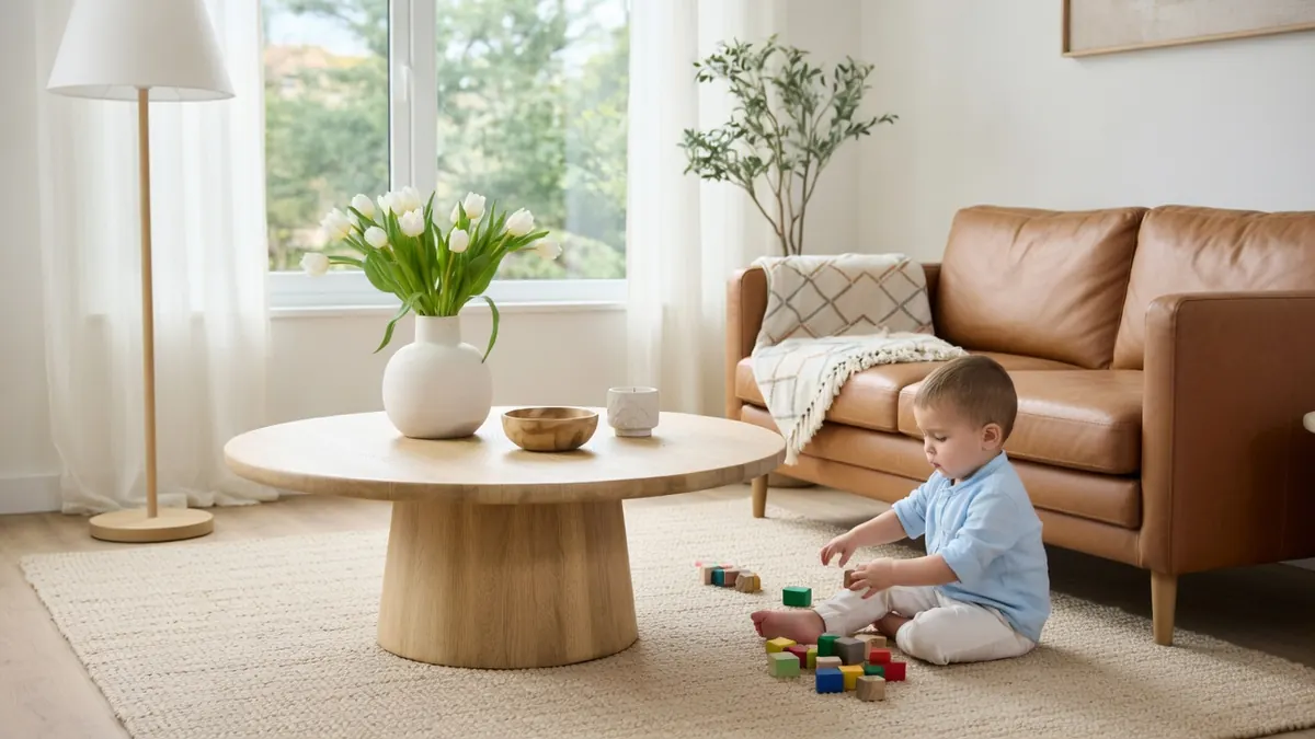 Un enfant joue avec des cubes devant une table basse ronde dans un salon lumineux