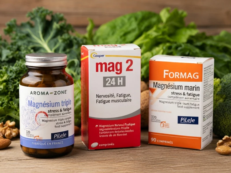 Des produits de complément magnésium présentés avec des légumes verts et des noix