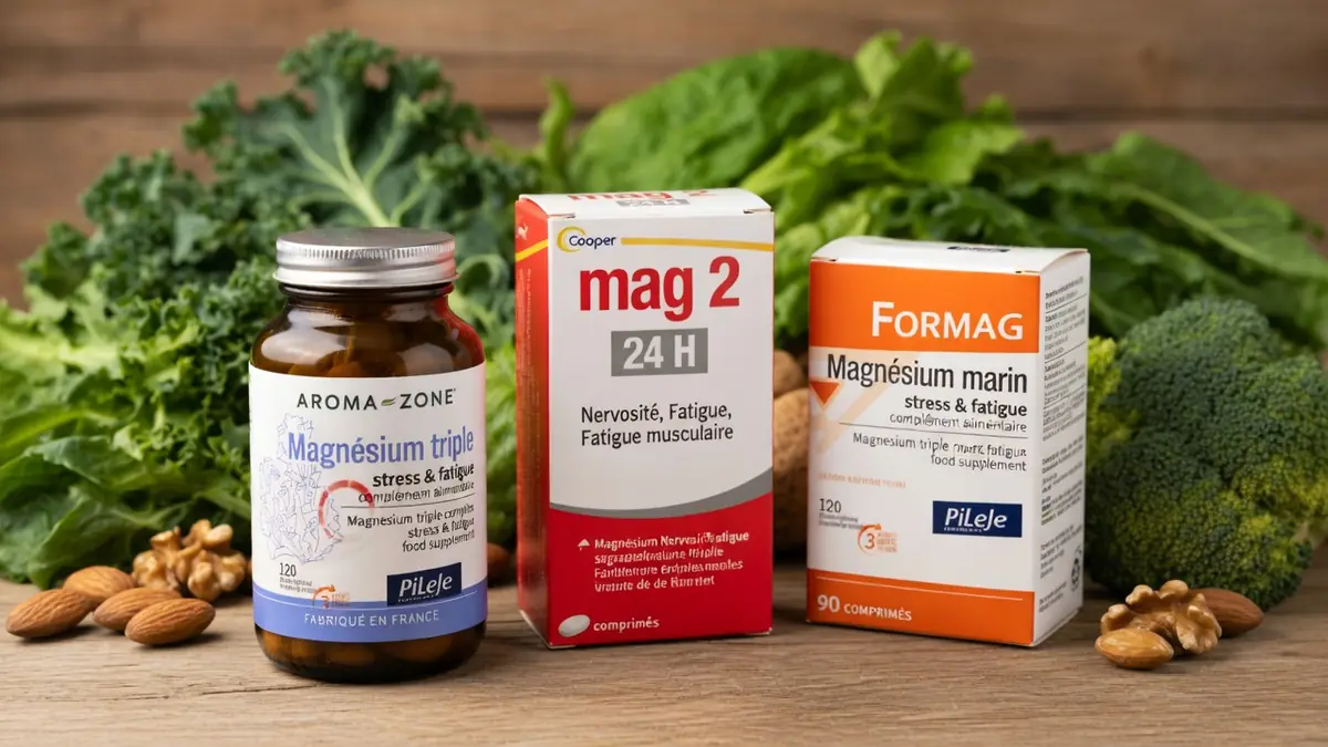 Des produits de complément magnésium présentés avec des légumes verts et des noix