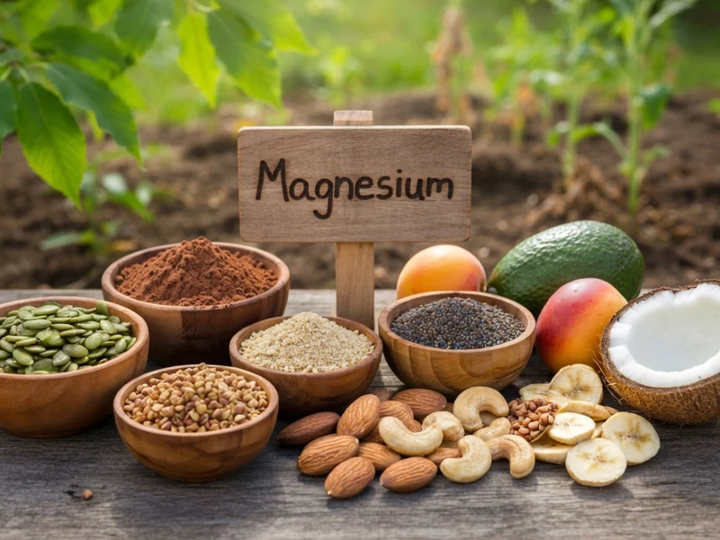 Des graines noix et fruits frais représentent le magnésium dans les aliments sur une table de bois dans un jardin