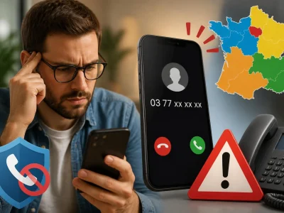 Homme préoccupé regardant son smartphone affichant un appel suspect avec le préfixe 03 77 et un signal d'alerte
