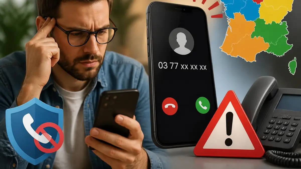 Homme préoccupé regardant son smartphone affichant un appel suspect avec le préfixe 03 77 et un signal d'alerte
