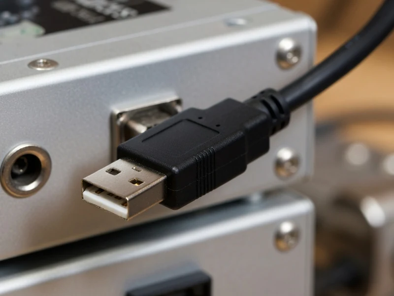 Un câble avec un connecteur usb b est branché à l'arrière d'un appareil électronique en métal