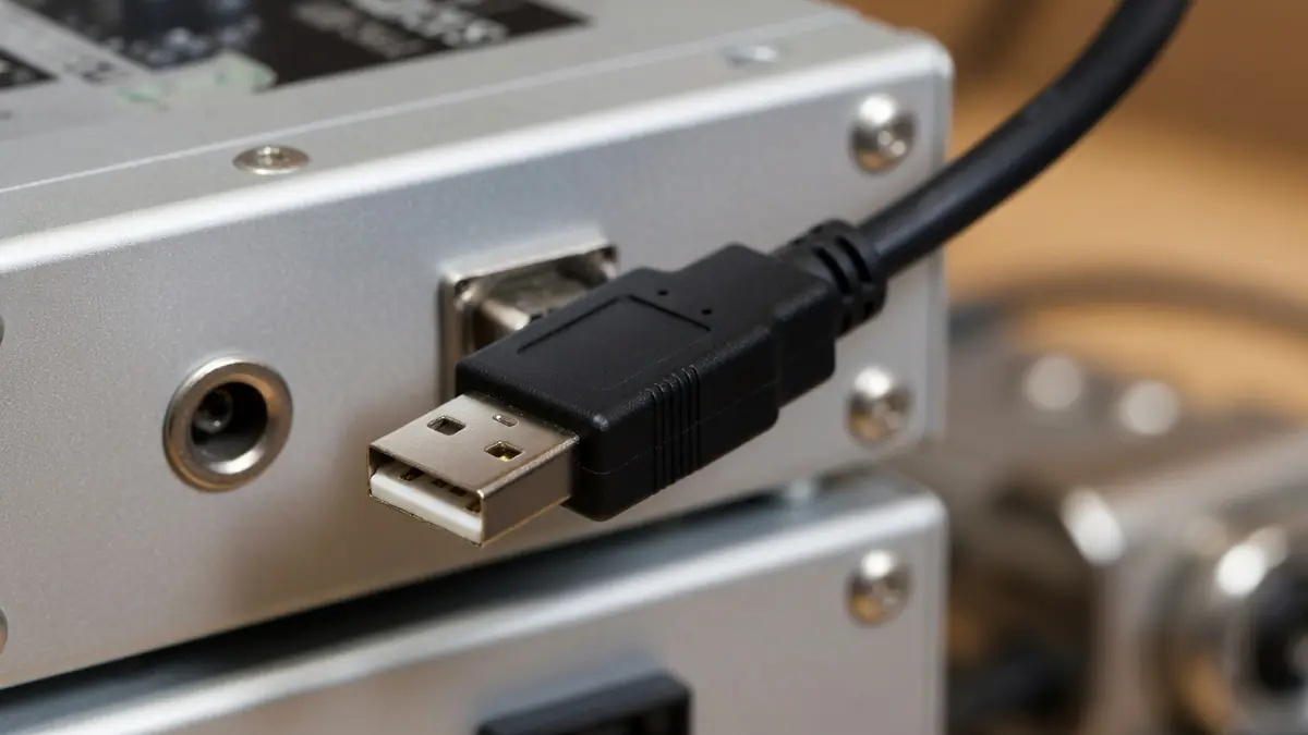 Un câble avec un connecteur usb b est branché à l'arrière d'un appareil électronique en métal