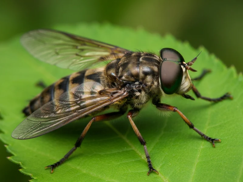 Un taon parmi les taons posé sur une feuille verte