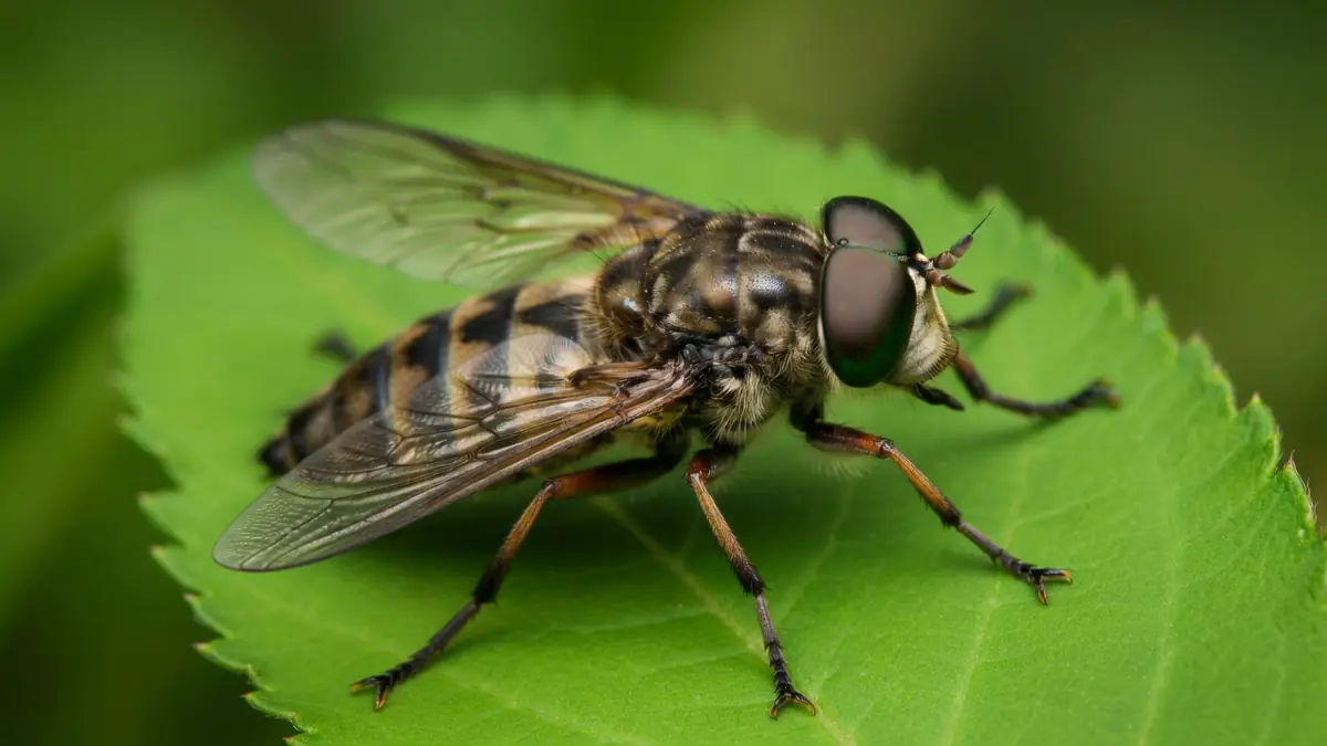 Un taon parmi les taons posé sur une feuille verte