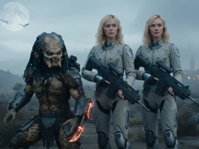 Un Predator aux côtés de deux femmes soldats armées dans le film Predator: Badlands