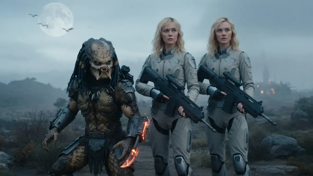 Un Predator aux côtés de deux femmes soldats armées dans le film Predator: Badlands