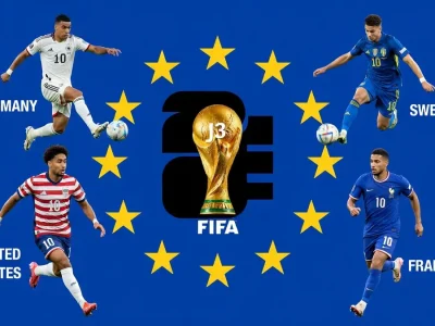 Quatre footballeurs en action autour du trophée de la coupe du monde de la FIFA 2026 résultat