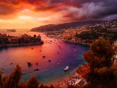 Vue côtière au coucher du soleil vibrant avec bateaux dans la baie de l'été 2026