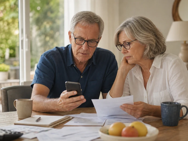 Un couple de retraités vérifie un bonus de retraite estival sur un smartphone à domicile.