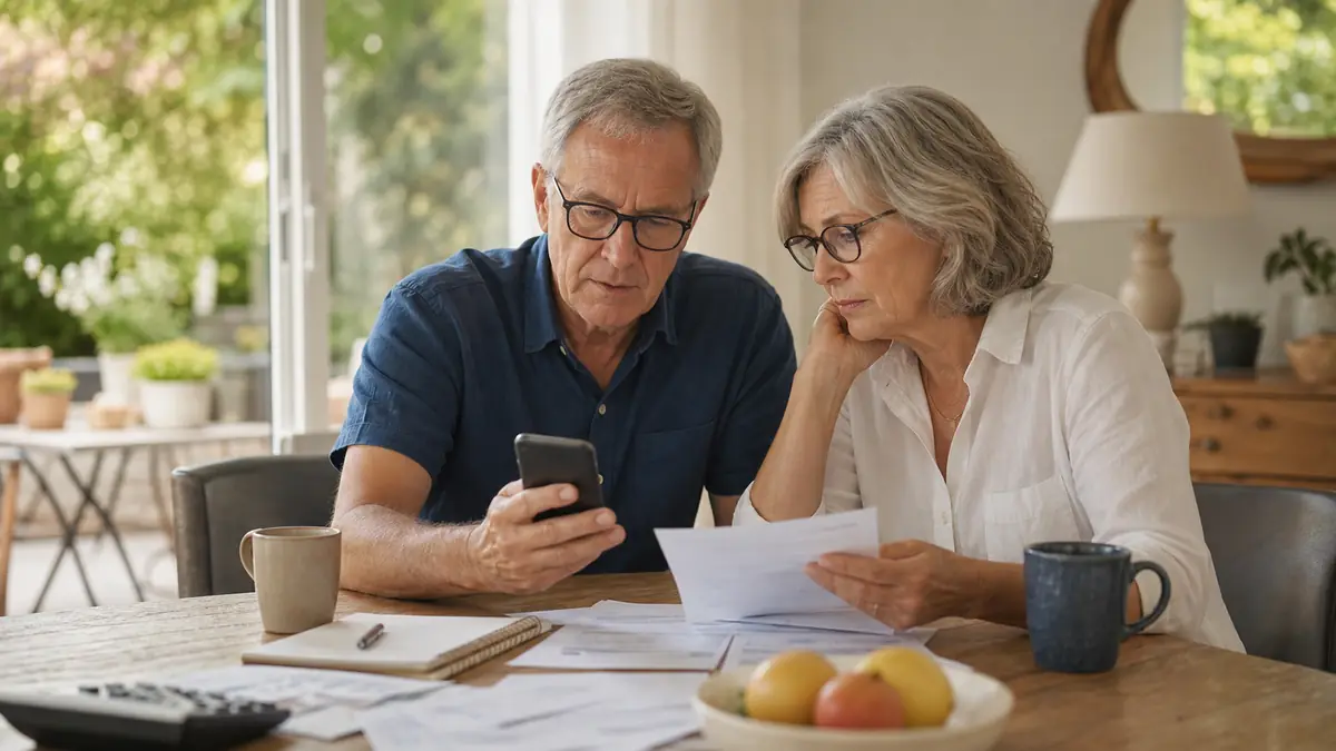 Un couple de retraités vérifie un bonus de retraite estival sur un smartphone à domicile.