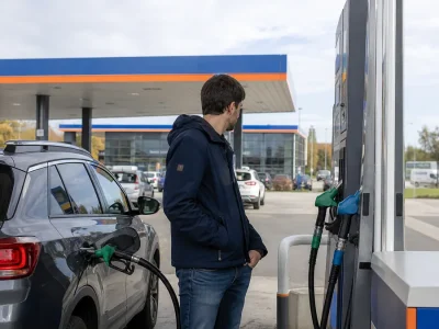 Automobiliste faisant le plein dans une station pour illustrer le prix des carburants Leclerc.