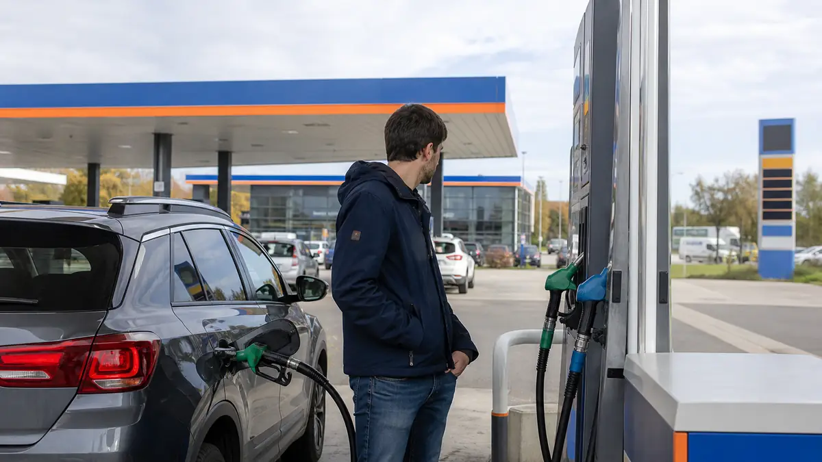 Automobiliste faisant le plein dans une station pour illustrer le prix des carburants Leclerc.