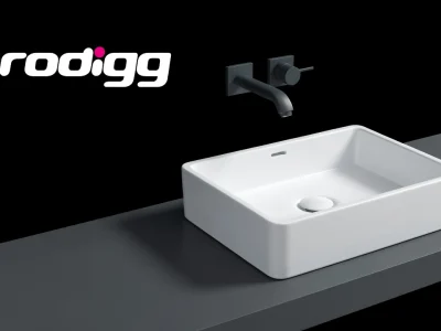 Prodigg présente un lavabo blanc rectangulaire moderne sur plan gris avec robinet mural