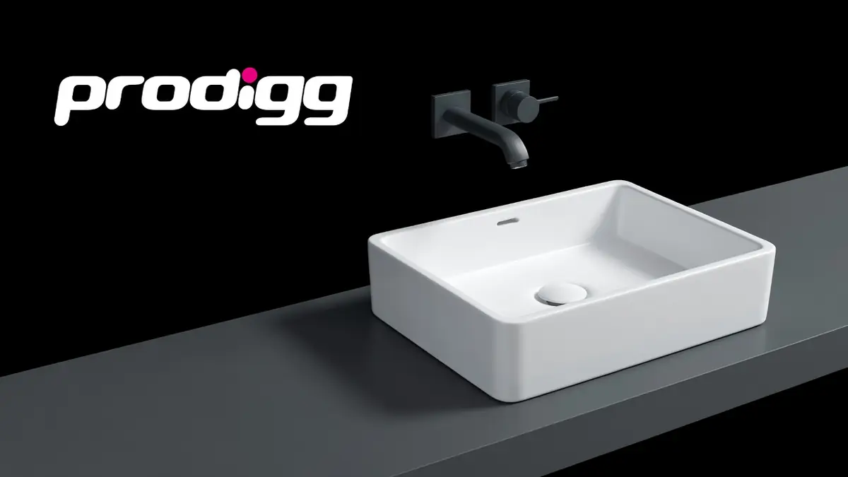 Prodigg présente un lavabo blanc rectangulaire moderne sur plan gris avec robinet mural