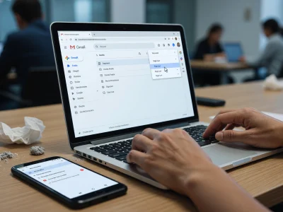 Une personne utilise un ordinateur portable pour la déconnexion Gmail à côté d'un smartphone sur un bureau