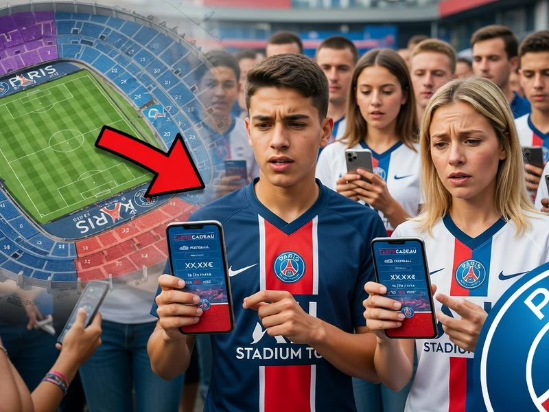 Des supporters consultent la PSG billetterie sur leurs smartphones devant un stade