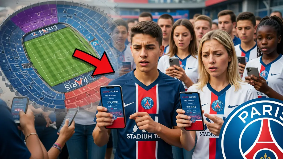 Des supporters consultent la PSG billetterie sur leurs smartphones devant un stade