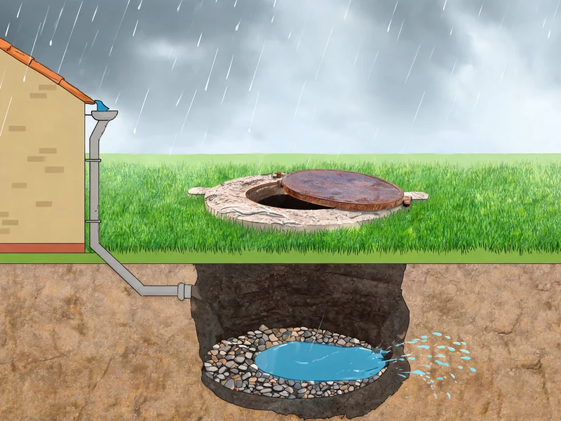 Un puisard maison installé dans un jardin pour recueillir et infiltrer les eaux de pluie d'une habitation