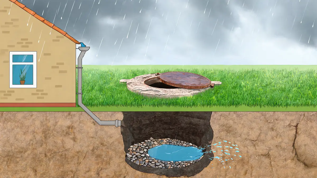 Un puisard maison installé dans un jardin pour recueillir et infiltrer les eaux de pluie d'une habitation