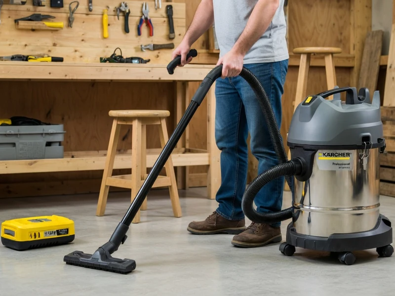 Un homme utilise un aspirateur Kärcher dans un atelier rempli d'outils.
