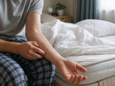 Une personne examine une dermite aux punaises sur son avant-bras au réveil.
