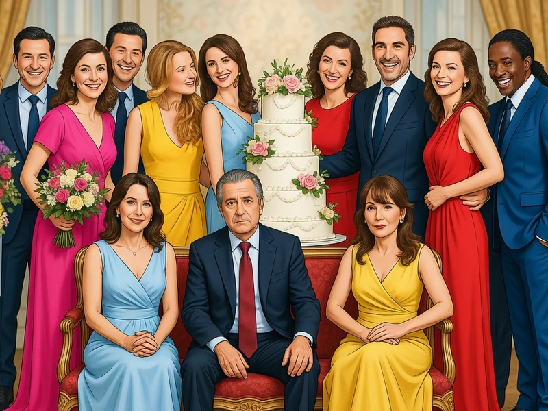Une grande famille pose avec un gâteau de mariage dans qu'est ce qu'on a fait au bon dieu streaming