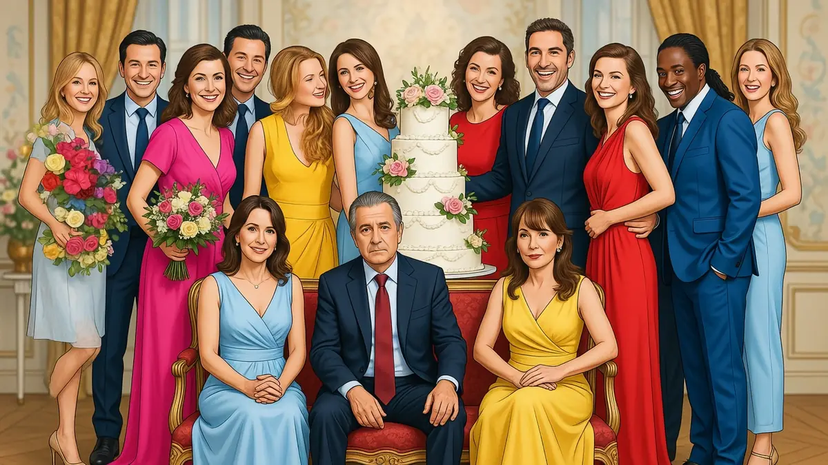 Une grande famille pose avec un gâteau de mariage dans qu'est ce qu'on a fait au bon dieu streaming