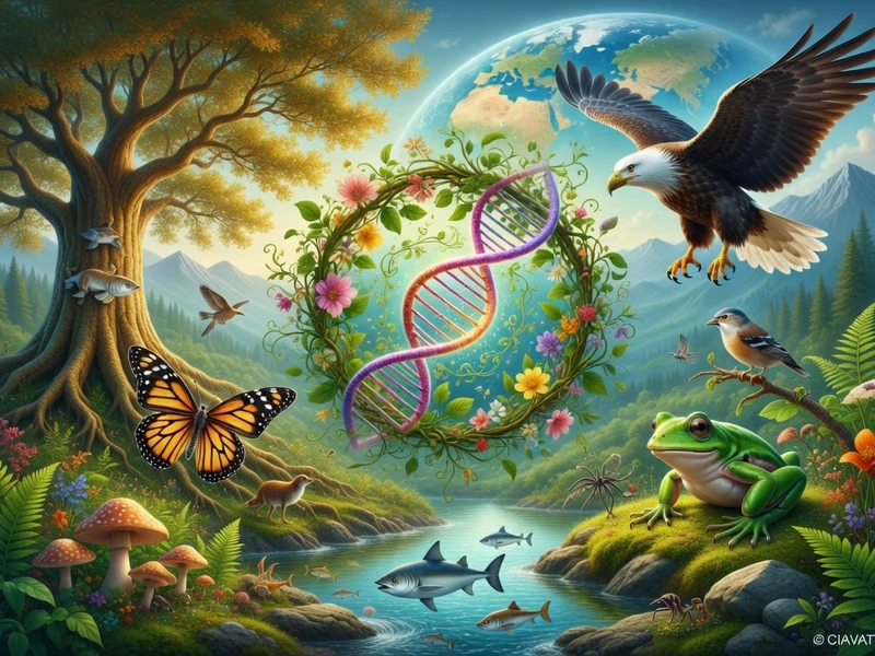 L'image montre une nature exubérante illustrant qu'est-ce que la biodiversité avec divers animaux et une hélice d'ADN