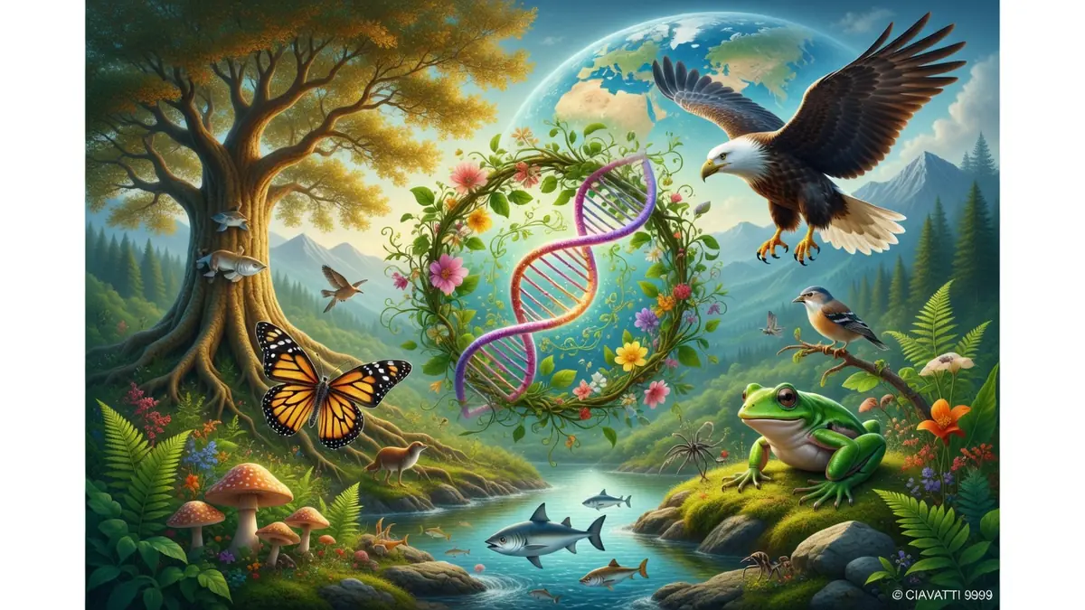 L'image montre une nature exubérante illustrant qu'est-ce que la biodiversité avec divers animaux et une hélice d'ADN