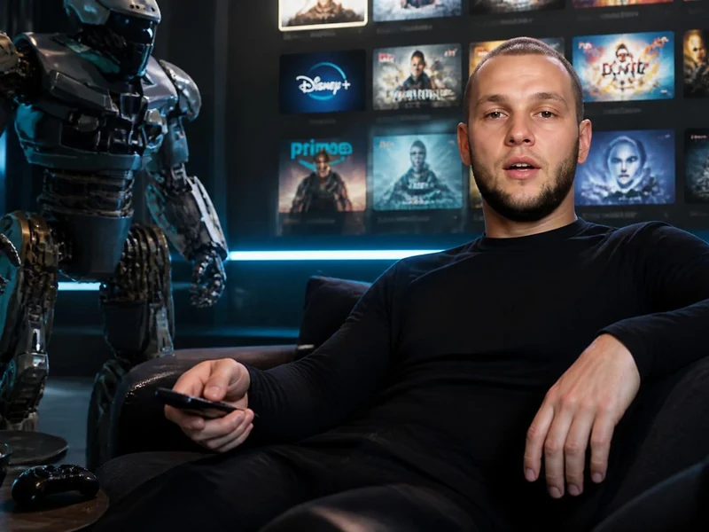 Un homme assis dans un salon sombre devant un écran géant utilise Zinzov en présence d'un robot humanoïde