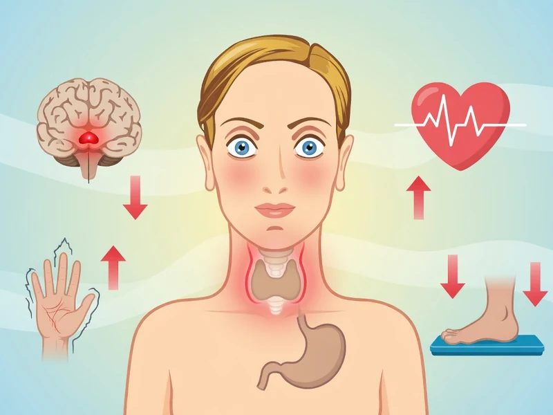 Image d'une femme illustrant l'hyperthyroïdie symptômes avec impacts sur cerveau coeur main estomac et pied