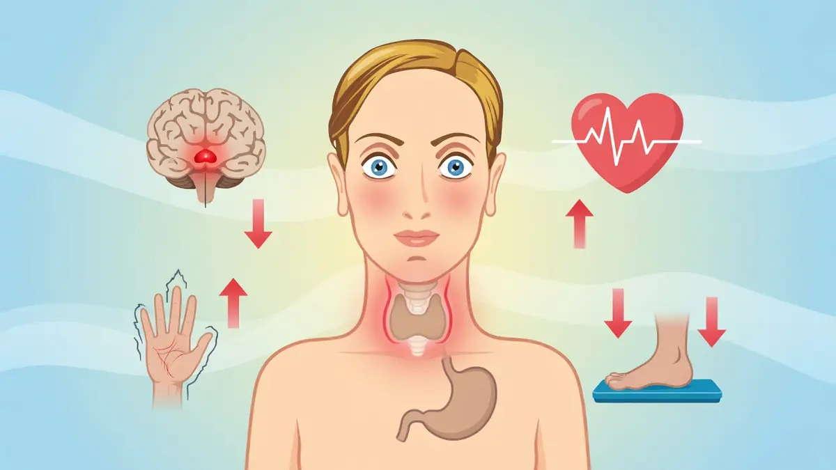 Image d'une femme illustrant l'hyperthyroïdie symptômes avec impacts sur cerveau coeur main estomac et pied