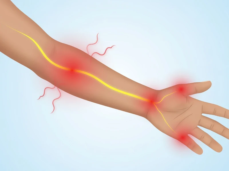Illustration médicale montrant une douleur le long du trajet du nerf cubital dans le bras et la main