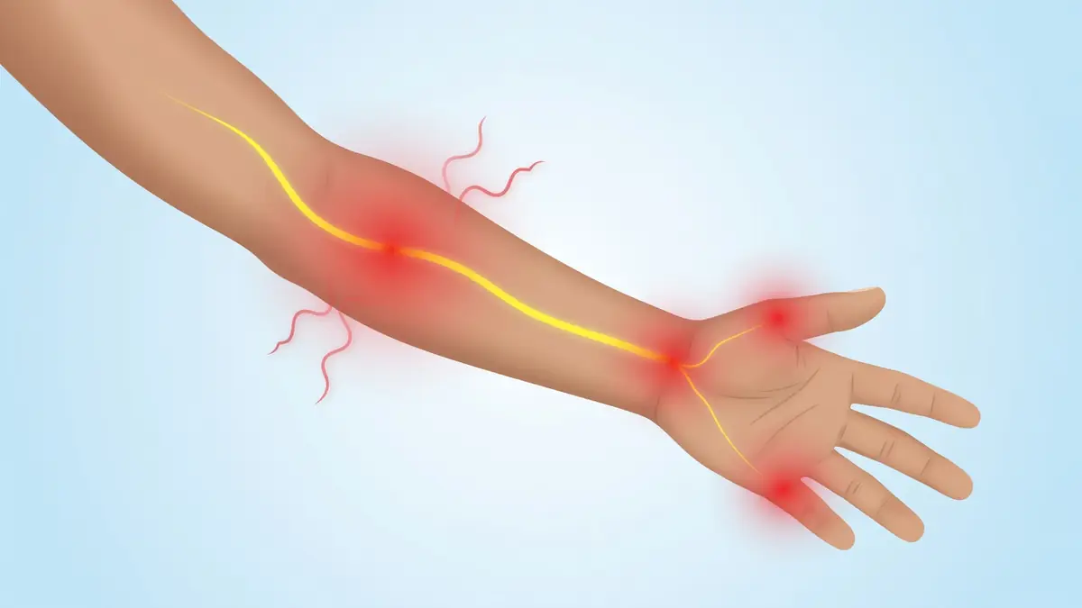 Illustration médicale montrant une douleur le long du trajet du nerf cubital dans le bras et la main