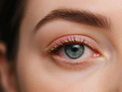 Gros plan d'un œil atteint de blépharite montrant des cils croûtés et une paupière enflammée
