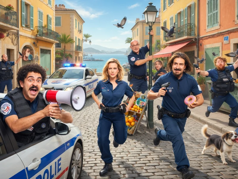 Une équipe de policiers déjantés en pleine intervention burlesque dans les rues de Marseille représente les Condés