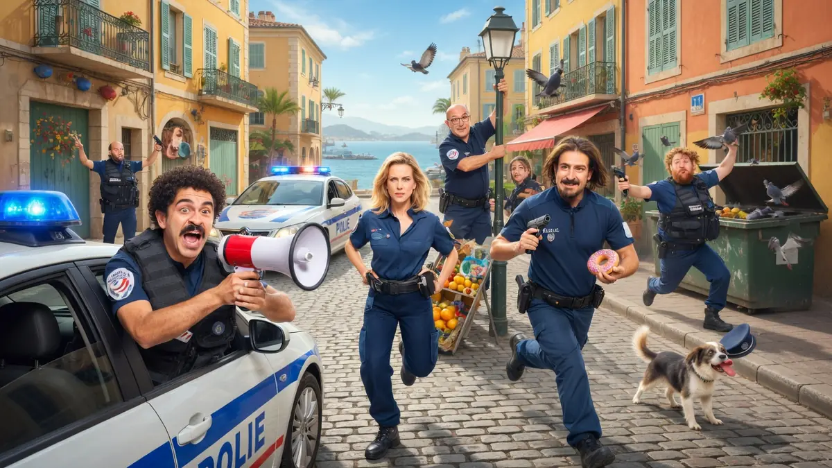 Une équipe de policiers déjantés en pleine intervention burlesque dans les rues de Marseille représente les Condés
