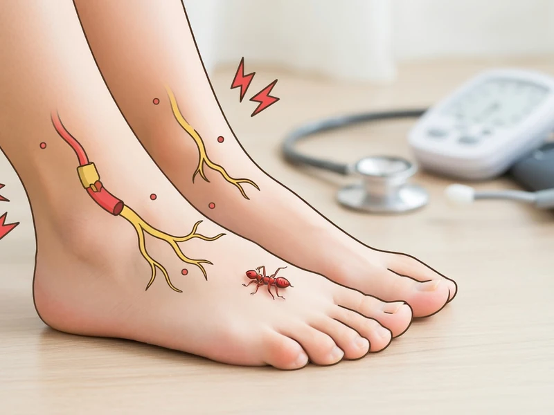 Deux pieds avec nerfs colorés une fourmi et appareils médicaux pour les fourmillements pied