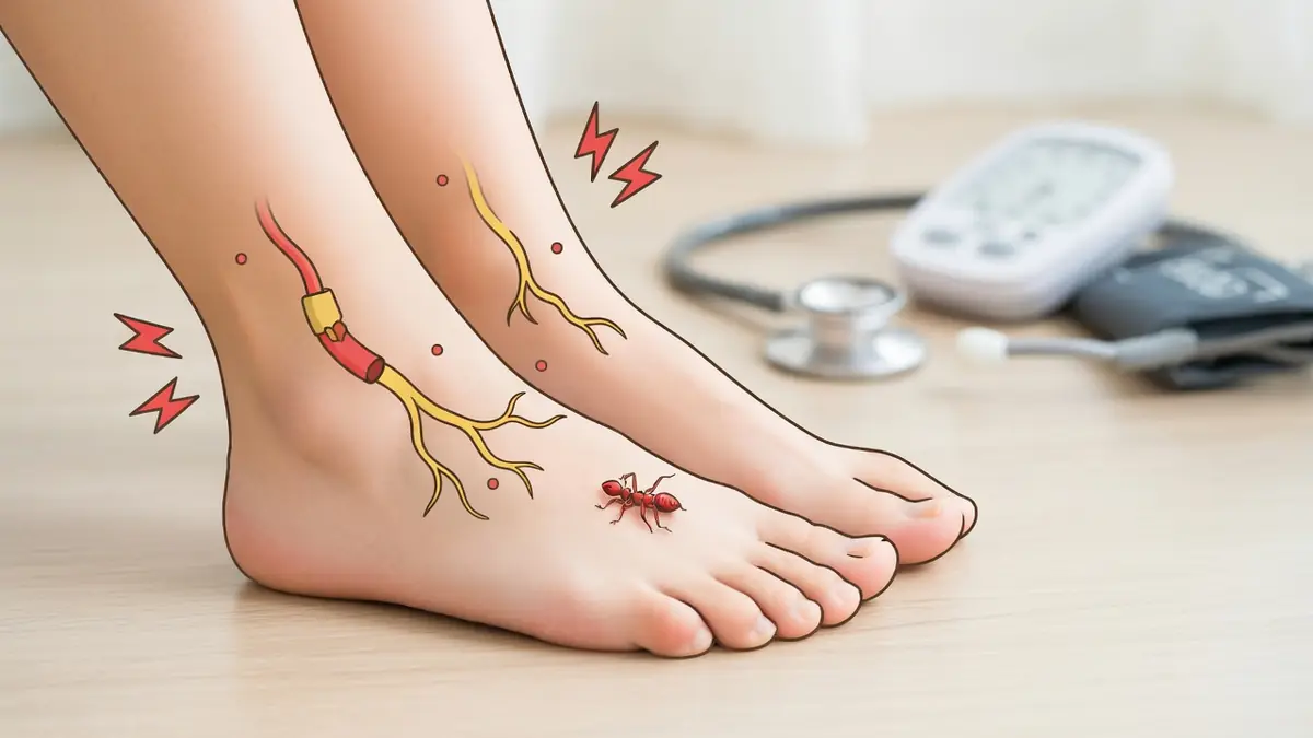 Deux pieds avec nerfs colorés une fourmi et appareils médicaux pour les fourmillements pied