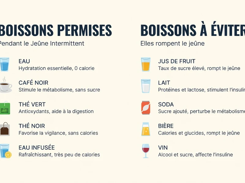 Visuel expliquant que peut-on boire pendant le jeûne ? avec les boissons permises d'un côté et à éviter de l'autre