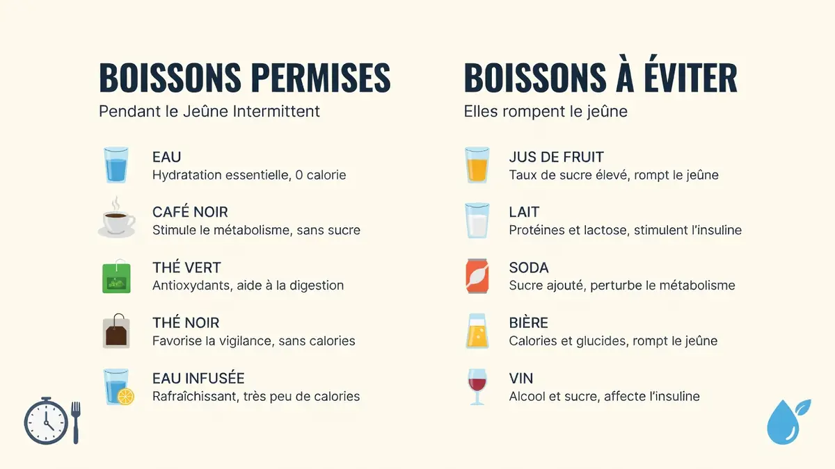 Visuel expliquant que peut-on boire pendant le jeûne ? avec les boissons permises d'un côté et à éviter de l'autre