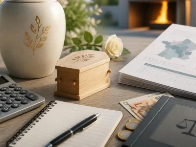 Une urne funéraire posée sur une table avec des documents financiers pour évaluer le prix d'une crémation
