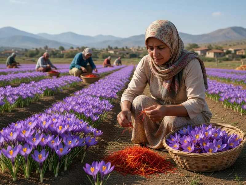 Une femme récolte des fleurs de crocus dans un champ pour justifier le safran kilo prix élevé