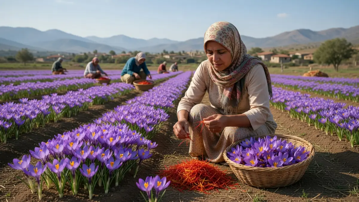 Une femme récolte des fleurs de crocus dans un champ pour justifier le safran kilo prix élevé