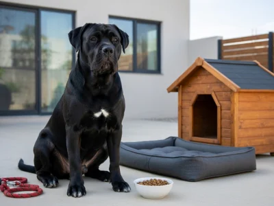 Un cane corso prix noir est assis devant sa niche en bois et son coussin